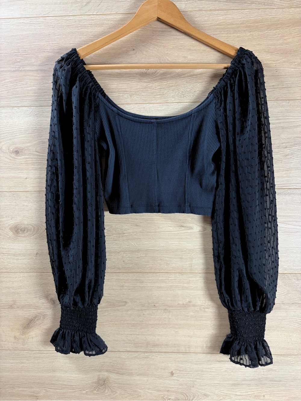 Urban Outfitters Black Swiss dot Balloon Cropped Top Cottagecore Medium